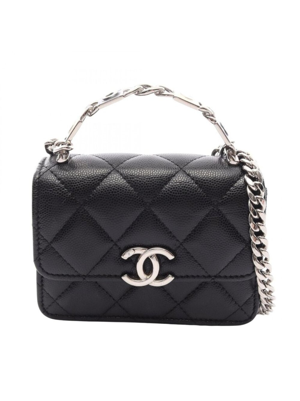 Chanel Shoulder Bag Quilted 2-Way Black Caviar Leather Chain Clutch